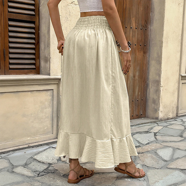 Damen Sommerlicher Maxirock mit Smockbund, durchgehender Knopfleiste, Seitenschlitz und Volant Echoarchiv