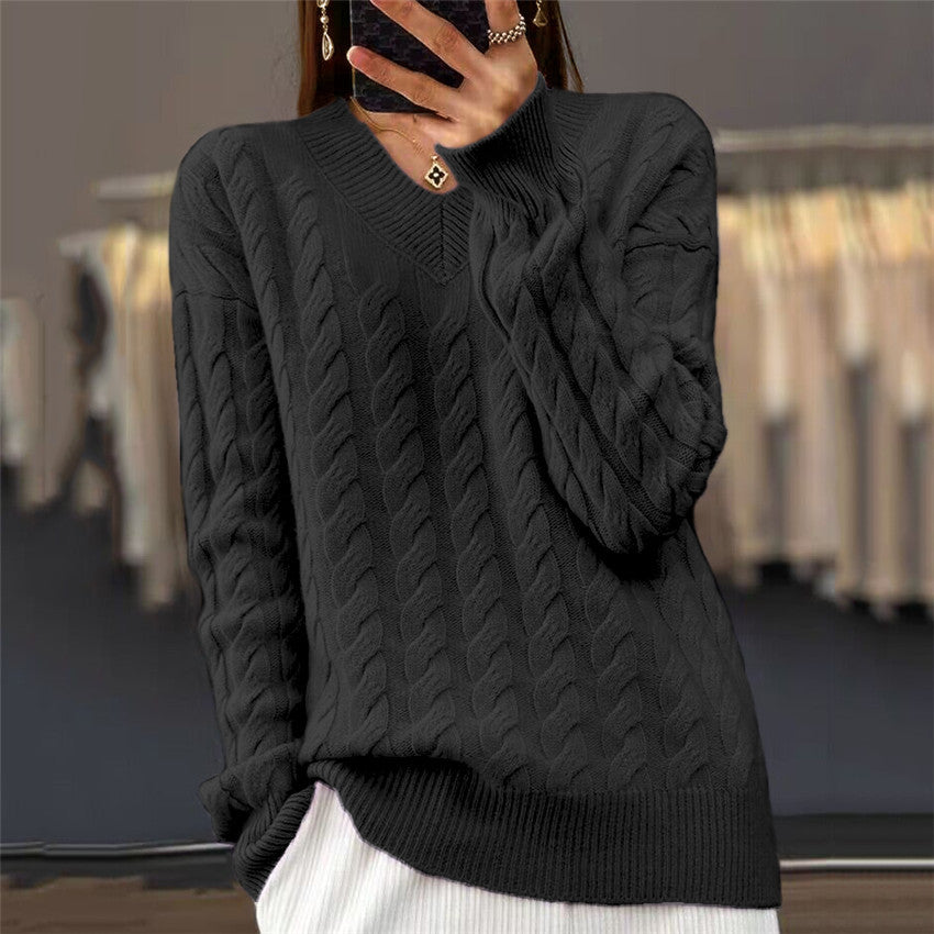 Damen nan weich fallender Zopfmuster-Pullover mit V-Ausschnitt, Oversize-Schnitt und geripptem Saum Echo Archiv