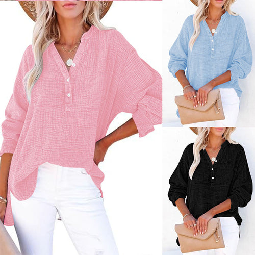 Damen Oversize Texturierte Baumwollbluse mit Henley-Knopfleiste Echoarchiv