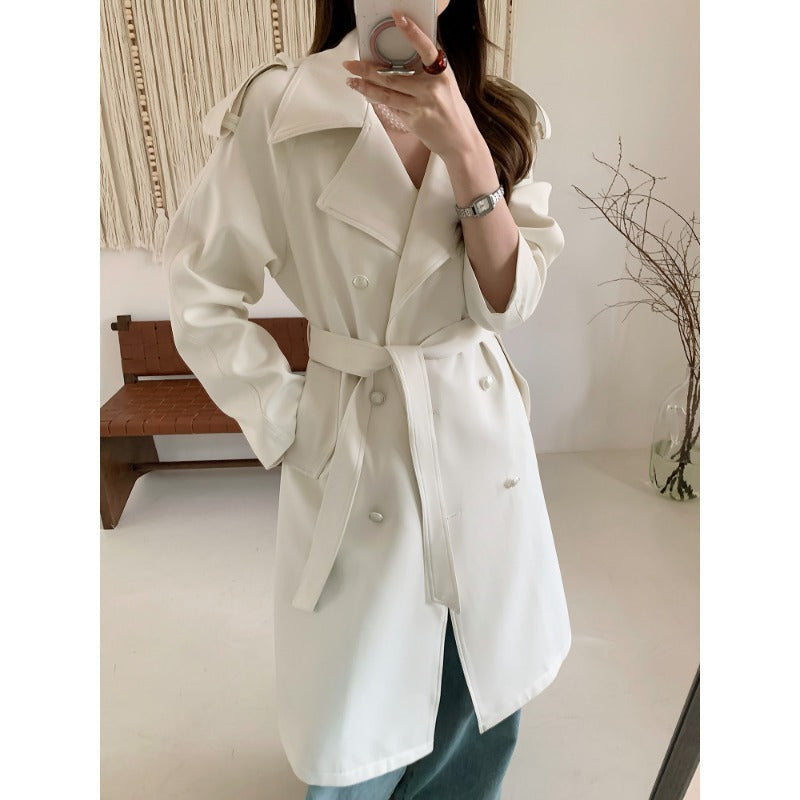 Damen Midilanger Trenchcoat mit Oversize-Schultern und Perlmuttknöpfen Echoarchiv