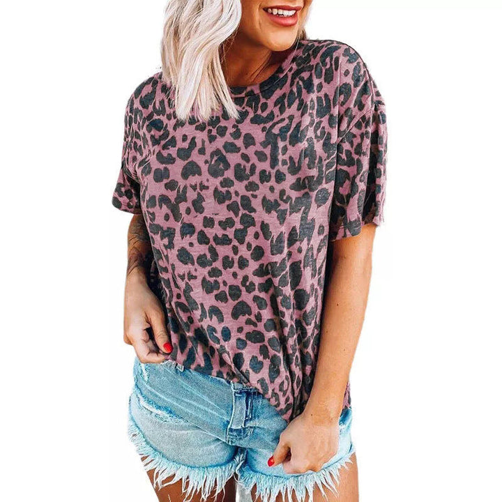 Damen lässiges Leoprint T-Shirt mit weichem Stoff und lockerer Passform Echoarchiv