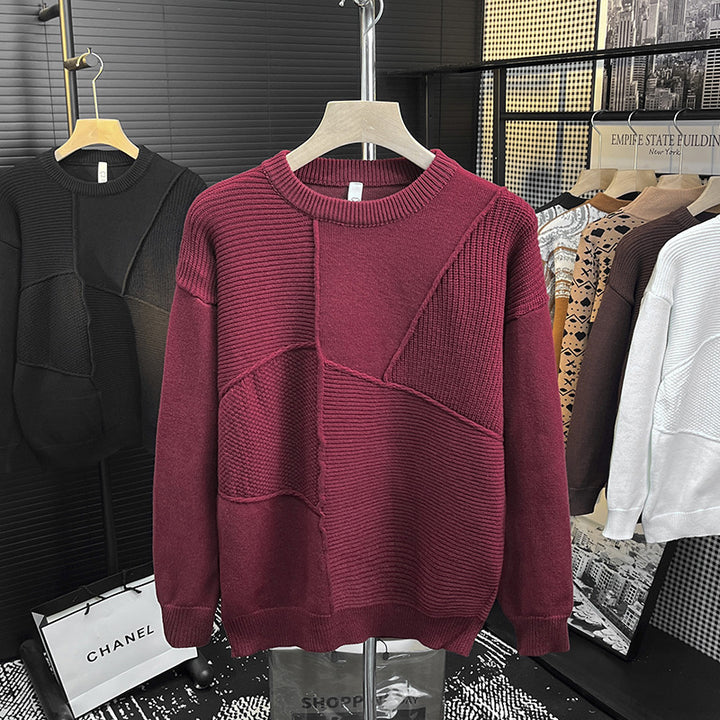 Herren Strukturierter Patchwork-Strickpullover mit Rundhals und gerippten Einsätzen Echoarchiv