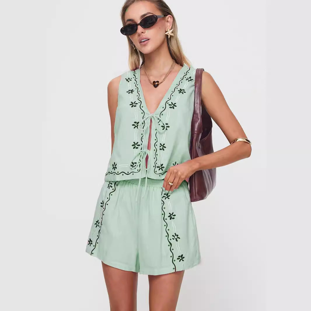 Damen luftiges Zweiteiler-Set mit floraler Stickerei Echo Archiv