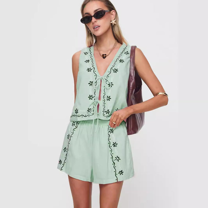 Damen luftiges Zweiteiler-Set mit floraler Stickerei Echo Archiv
