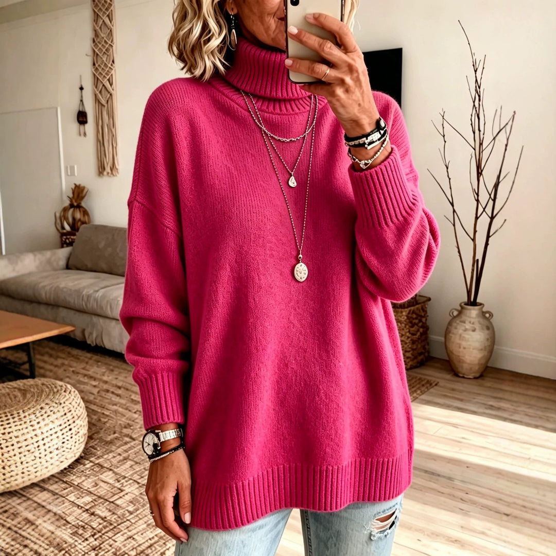 Damen Oversize Rollkragenpullover aus Feinstrick mit gerippten Bündchen und überschnittener Schulter – Mavelle