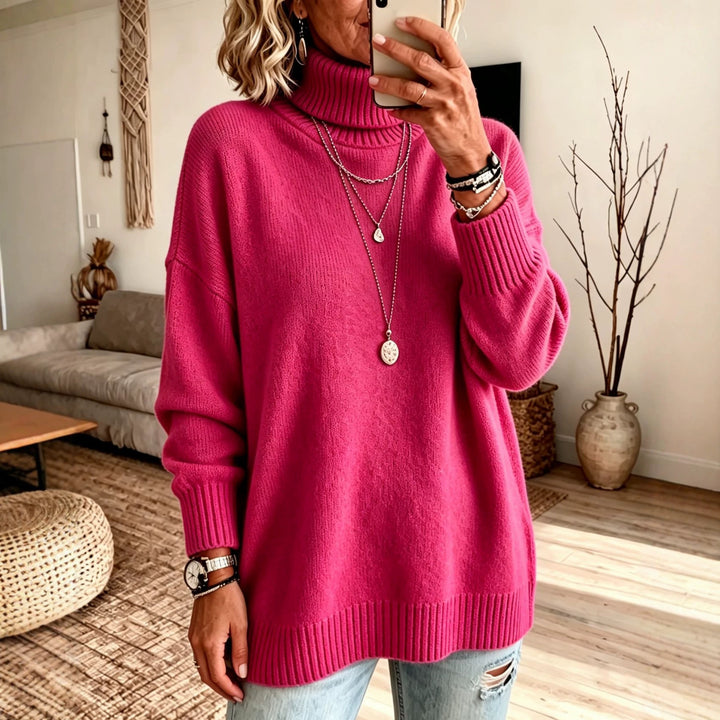 Damen Oversize Rollkragenpullover aus Feinstrick mit gerippten Bündchen und überschnittener Schulter – Mavelle