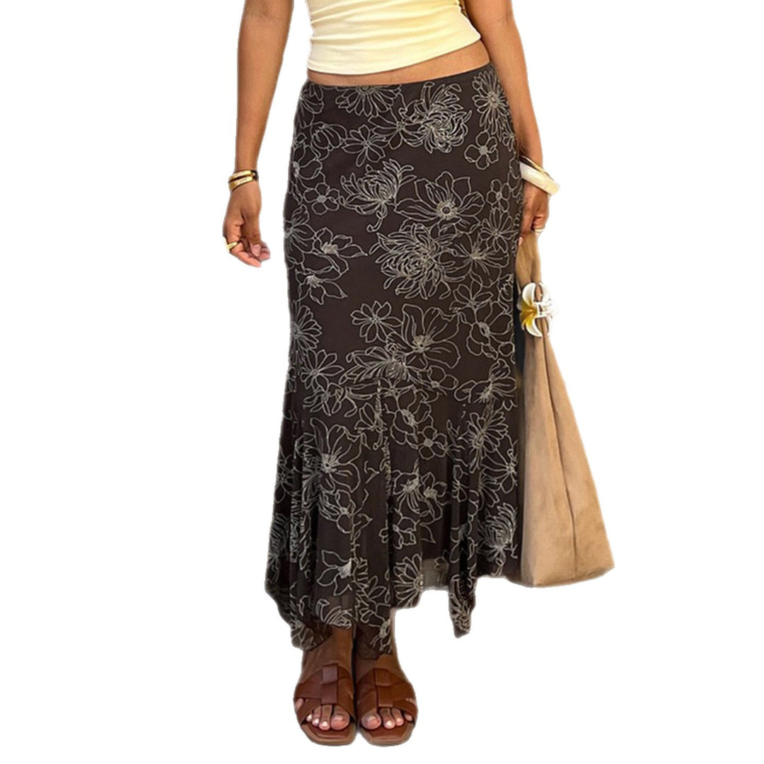 Damen Midirock mit ausgestelltem Volant-Saum und floralem Konturprint Echo Archiv