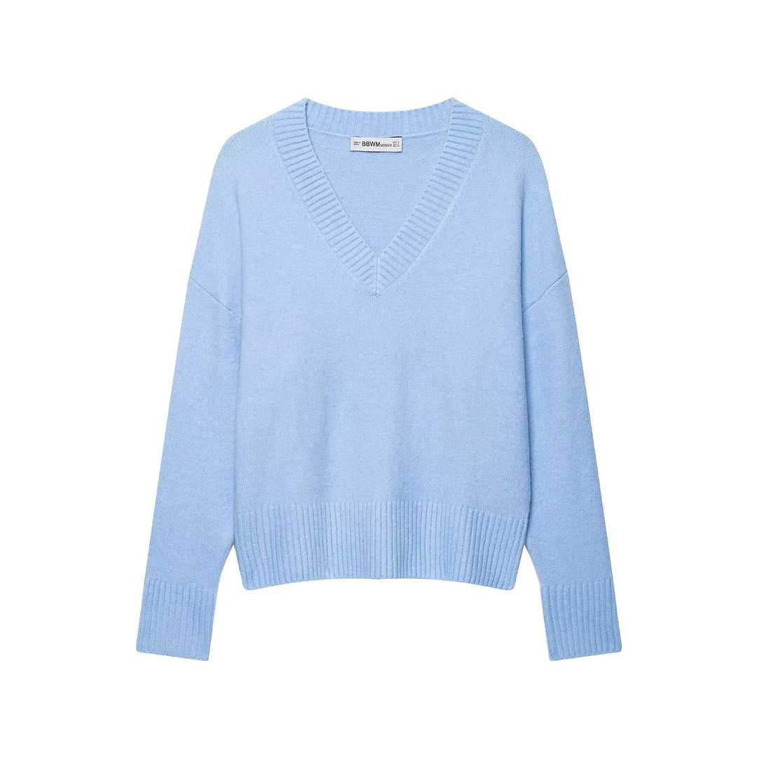 Damen Oversize V-Ausschnitt Strickpullover mit tiefem Fall und breitem Rippenbund Echo Archiv