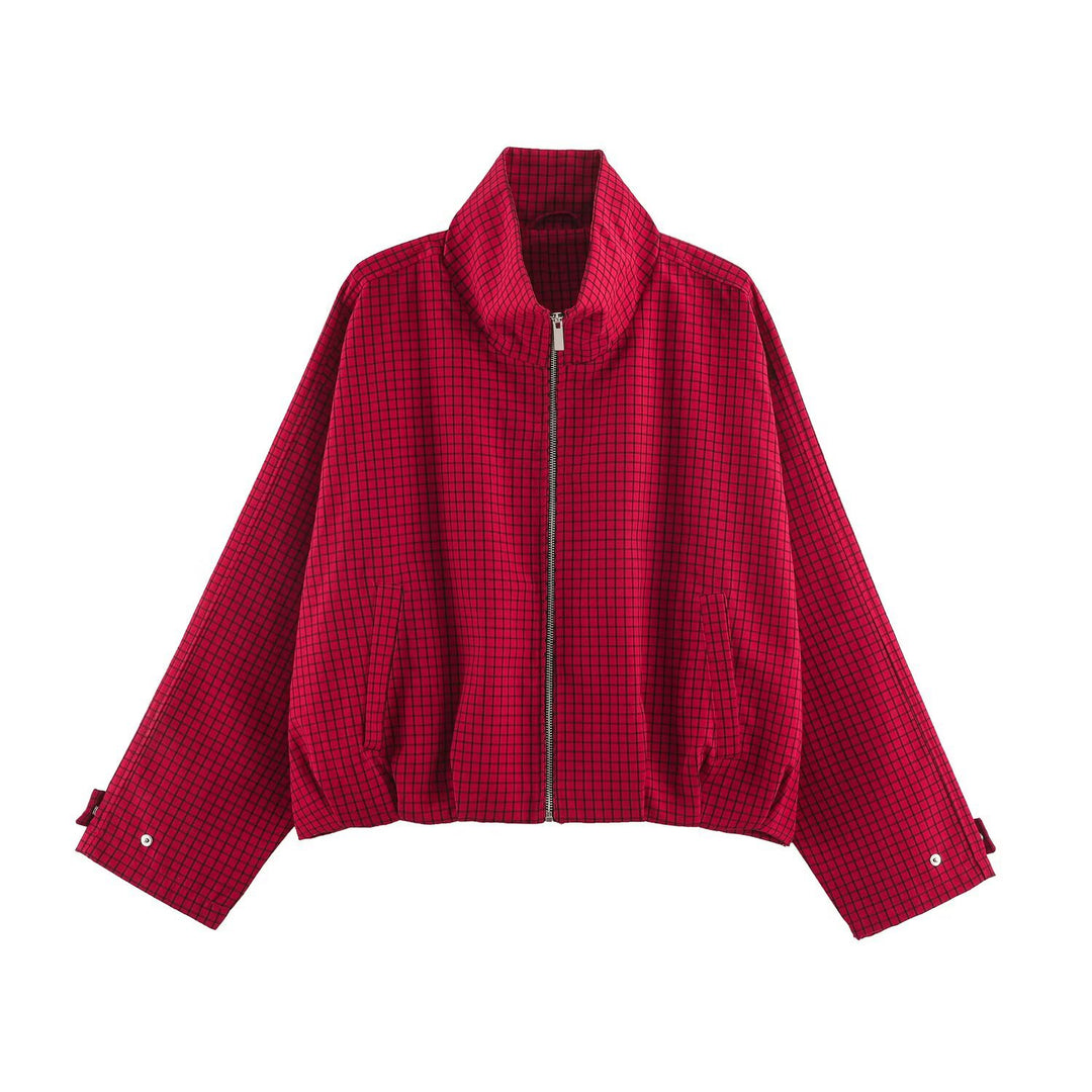 Damen Karierter Cropped-Blouson mit hohem Stehkragen, weitem Schnitt und Druckknopfmanschetten Echo Archiv