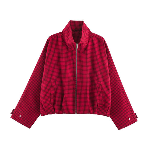 Damen Karierter Cropped-Blouson mit hohem Stehkragen, weitem Schnitt und Druckknopfmanschetten Echo Archiv