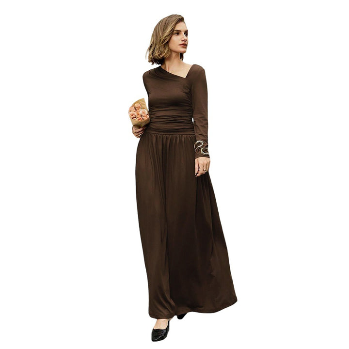 Damen asymmetrisches Maxikleid mit langem Ärmel und geraffter Taillenpartie – Valéora