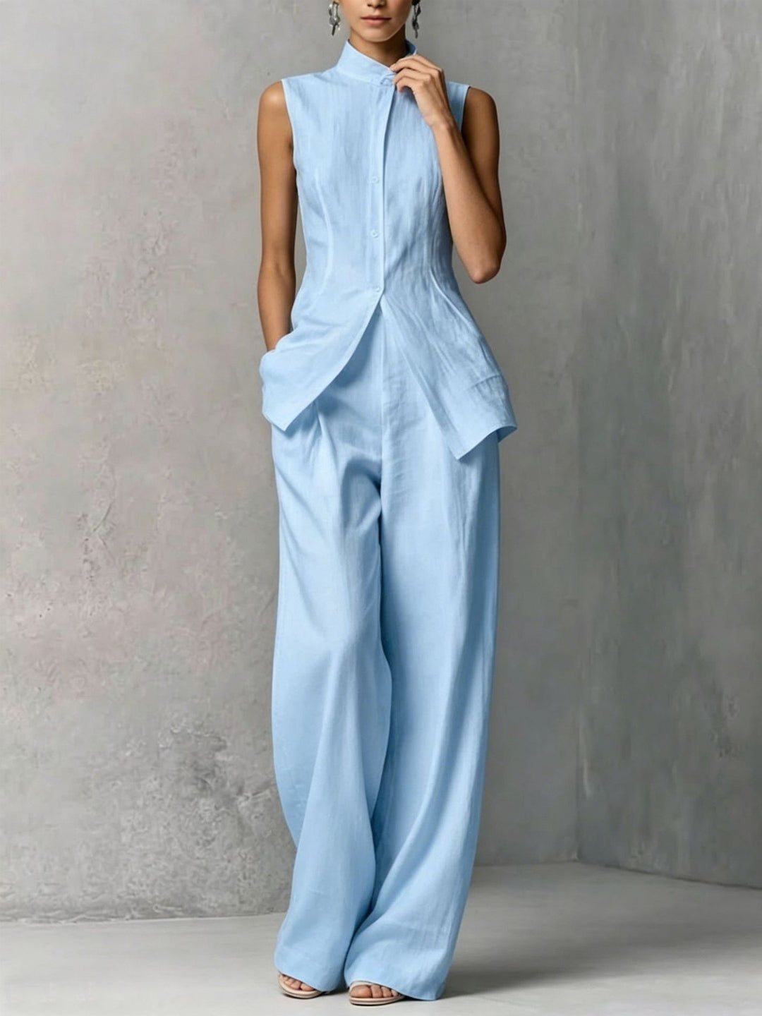 Damen Ärmelloser Leinen-Jumpsuit mit Stehkragen und weitem Bein Echoarchiv