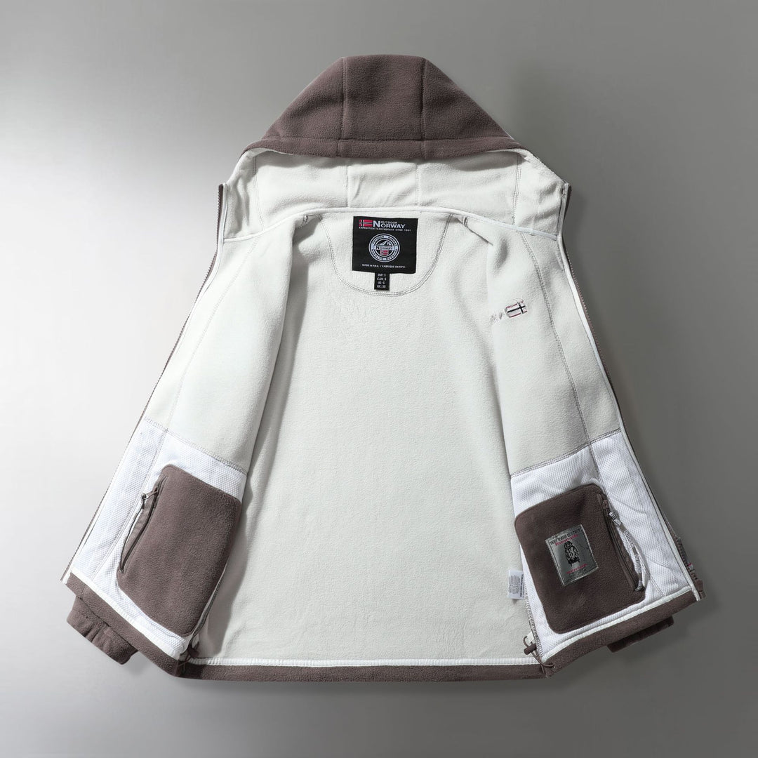 Herren Microfleece-Outdoorjacke mit Kapuze, windabweisender Struktur und Logo-Patch Echoarchiv