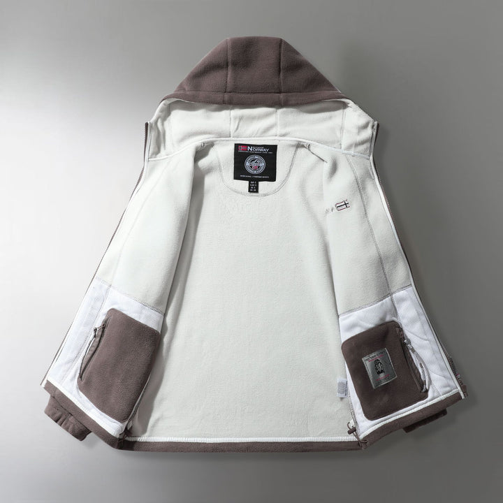 Herren Microfleece-Outdoorjacke mit Kapuze, windabweisender Struktur und Logo-Patch Echoarchiv