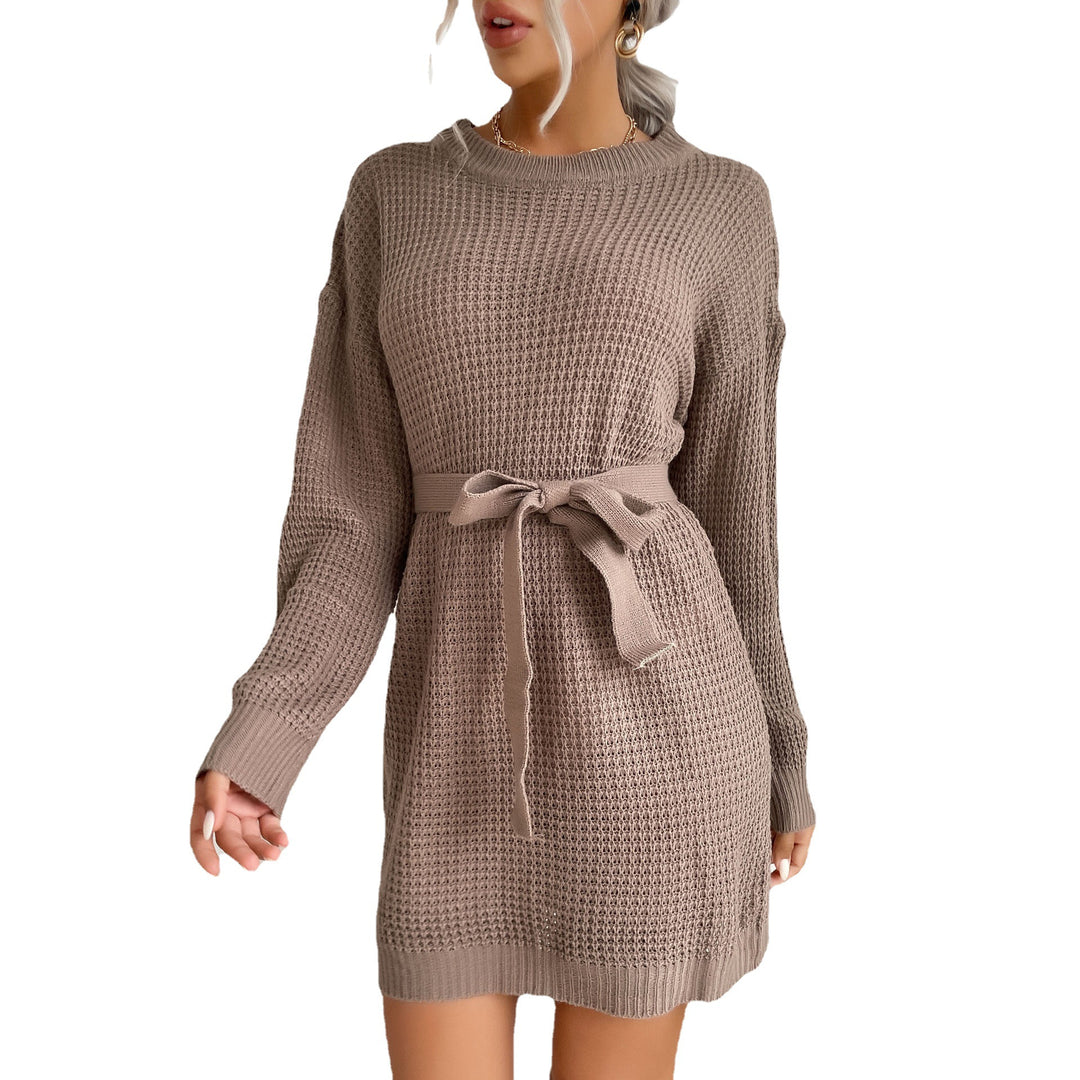 Damen Waffelstrick-Minikleid mit Tunnelzug-Taillengürtel und geripptem Saum Echoarchiv