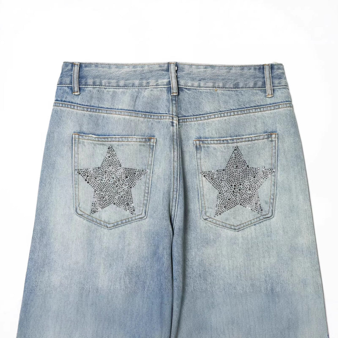 Damen Jeanshose mit weitem Bein und Sternen-Strassbesatz Echo Archiv
