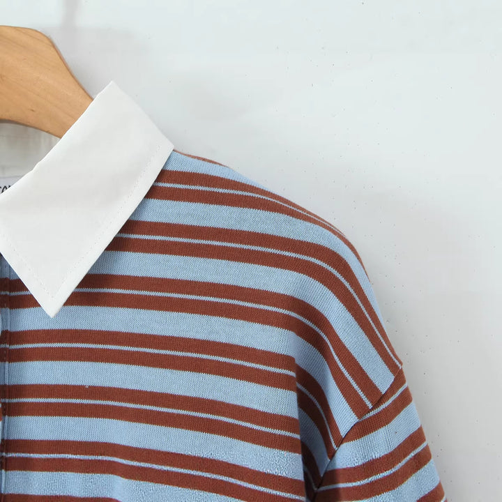 Damen Gestreiftes Oversize-Rugbyshirt mit kontrastierendem Hemdkragen und Knopfleiste Echoarchiv