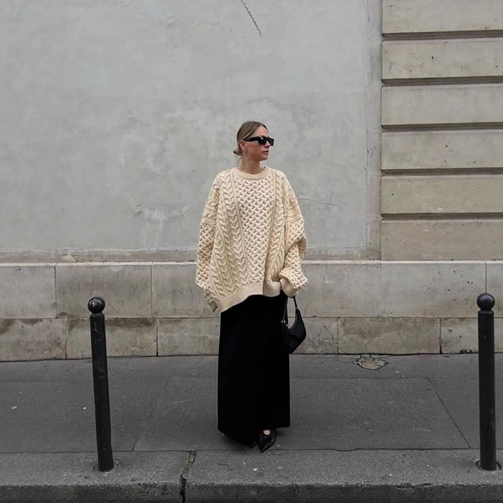 Damen Oversized Grobstrickpullover mit Zopfmuster und weiten Ballonärmeln Echoarchiv