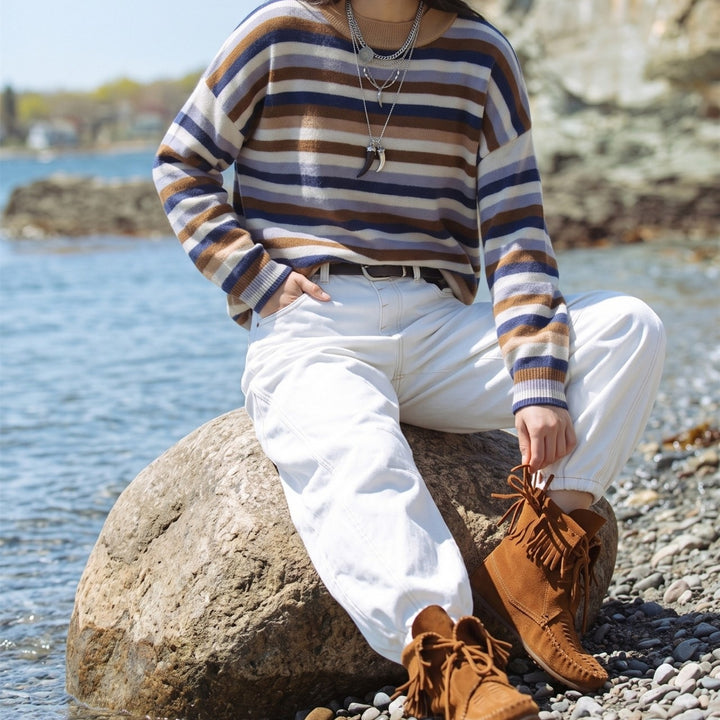Damen Gestreifter Strickpullover mit Polokragen & Knopfleiste Echoarchiv