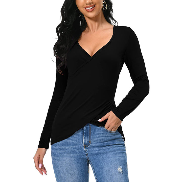 Damen figurbetontes Wickelshirt mit tiefem V‑Ausschnitt und überlappendem Saum – Avérine