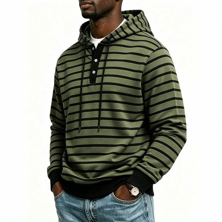 Herren Kapuzenpullover mit Henley-Knopfleiste und feinem Streifenstrukturmuster Echoarchiv