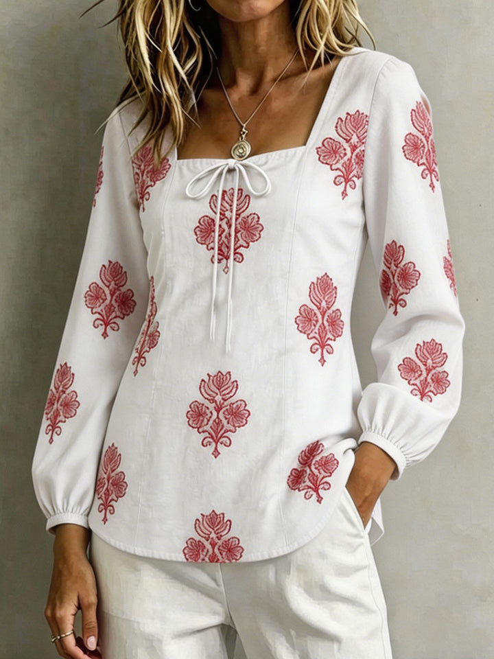Damen Bestickte Tunika-Bluse mit quadratischem Ausschnitt und femininen Ballonärmeln – Élovi