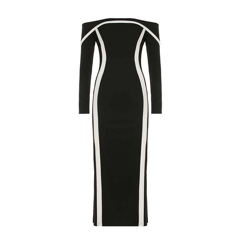 Damen nan figurbetontes Off-Shoulder-Maxikleid mit langen Ärmeln und Kontrastpaspeln Echo Archiv