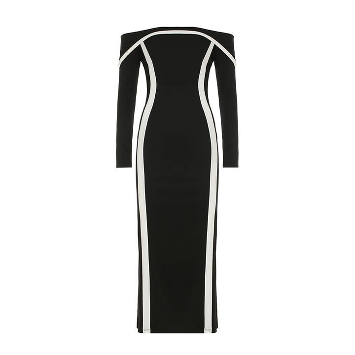 Damen nan figurbetontes Off-Shoulder-Maxikleid mit langen Ärmeln und Kontrastpaspeln Echo Archiv