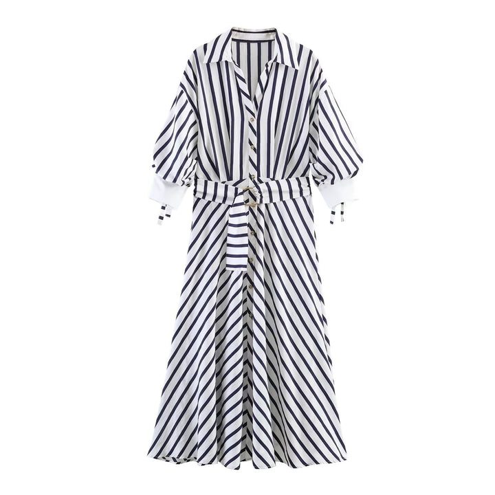 Damen Midi-Hemdblusenkleid mit diagonalen Streifen, tailliertem Bindegürtel und Ballonärmeln Echo Archiv