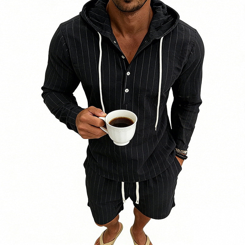 Herren nan gestreiftes Leinenoptik-Kapuzen-Henley-Set mit Tunnelzug-Shorts Echo Archiv