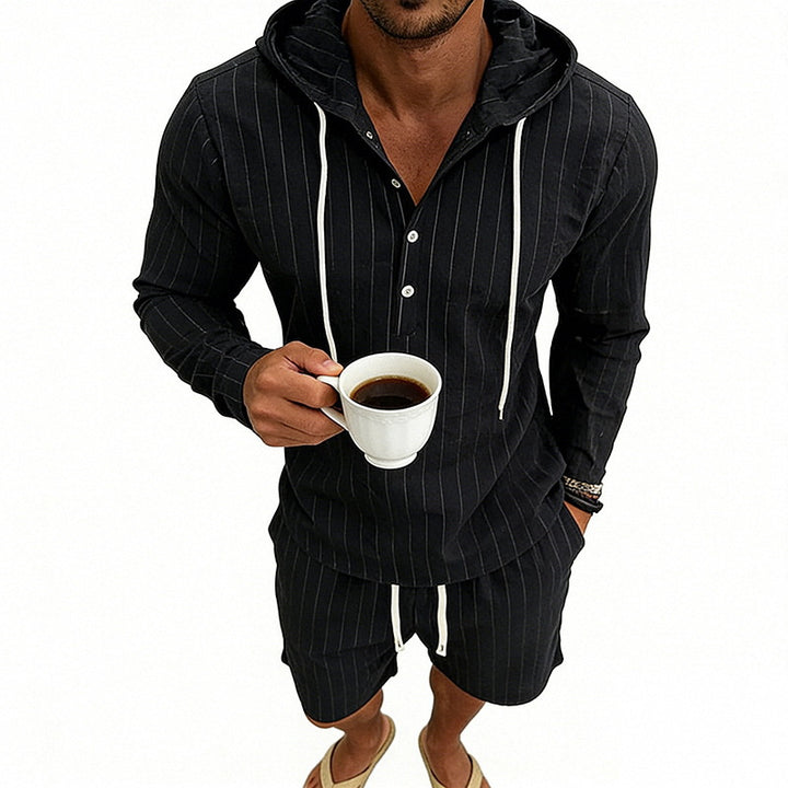 Herren nan gestreiftes Leinenoptik-Kapuzen-Henley-Set mit Tunnelzug-Shorts Echo Archiv