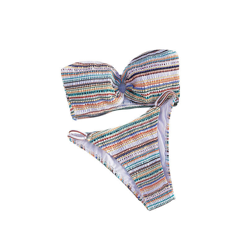 Damen Bandeau-Bikini mit raffinierten Rüschen und buntem Streifenmuster Echo Archiv