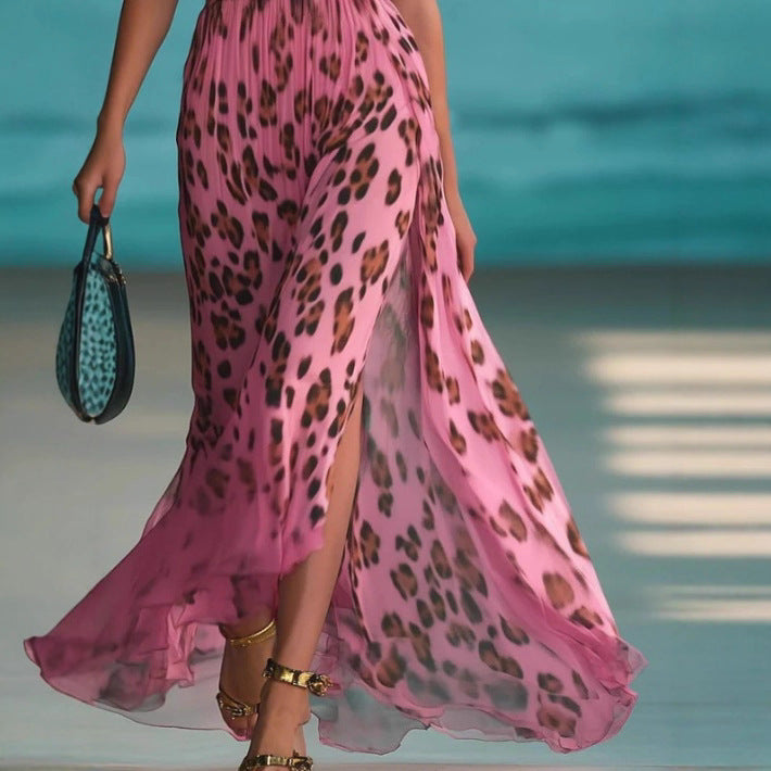 Damen nan Maxikleid mit tiefem V-Ausschnitt, geflochtenem Halter, Leopardenprint, plissiertem Chiffonrock und seitlichem Beinschlitz Echo Archiv