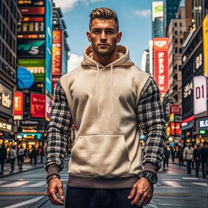Herren Hoodie mit karierten Ärmeln und Kängurutasche Echoarchiv