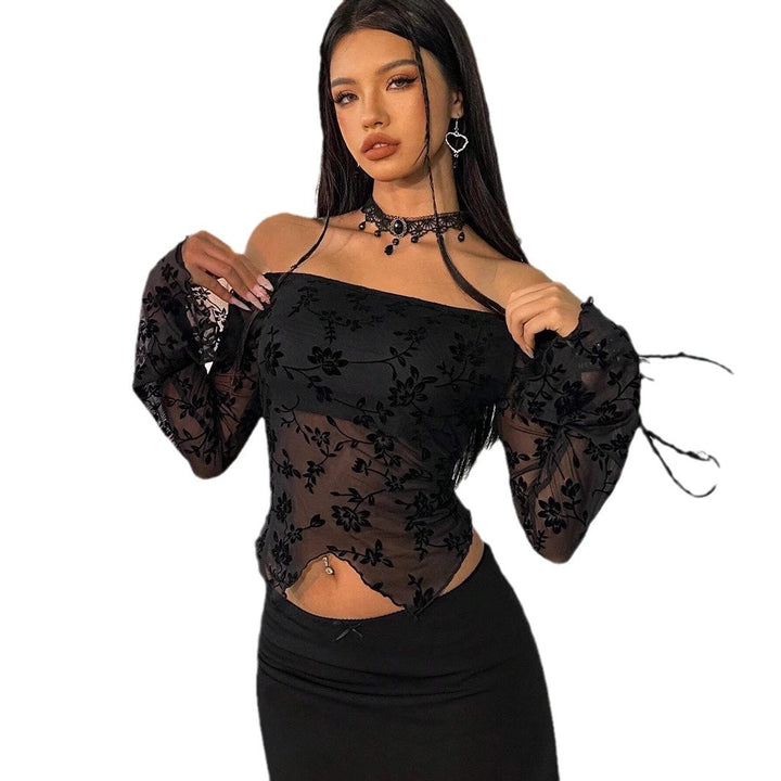 Damen nan transparentes Mesh-Top mit floraler Samt-Flock-Applikation, Carmen-Ausschnitt und kurzem Taillen-Saum Echo Archiv