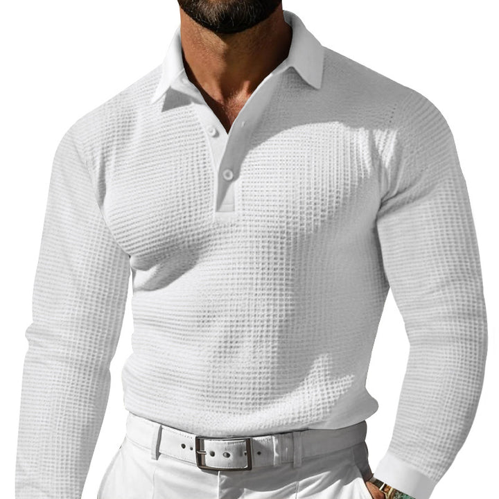 Herren Waffelstruktur-Poloshirt mit Langarm, Slim-Fit und Kentkragen Echoarchiv