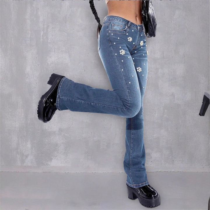 Damen schmale Bootcut-Jeans mit Perlen- und Blumenapplikationen Echo Archiv