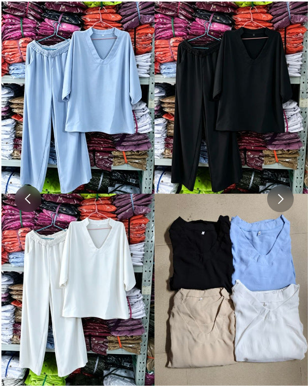 Damen nan lässiges zweiteiliges Leinenoptik-Set mit tiefem V-Ausschnitt, Oversize-Bluse und weitem Palazzo-Hosen Echo Archiv