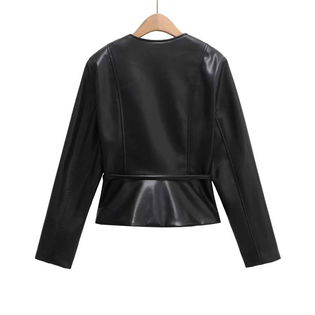 Damen Kollierlose Kunstlederjacke mit Reißverschluss und Taillenband Echo Archiv