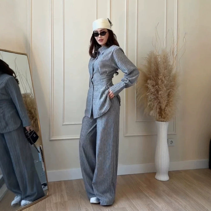 Damen Leichtes Leinen-Loungewear-Set mit Oversize-Hemd und weiter Bundhose Echoarchiv