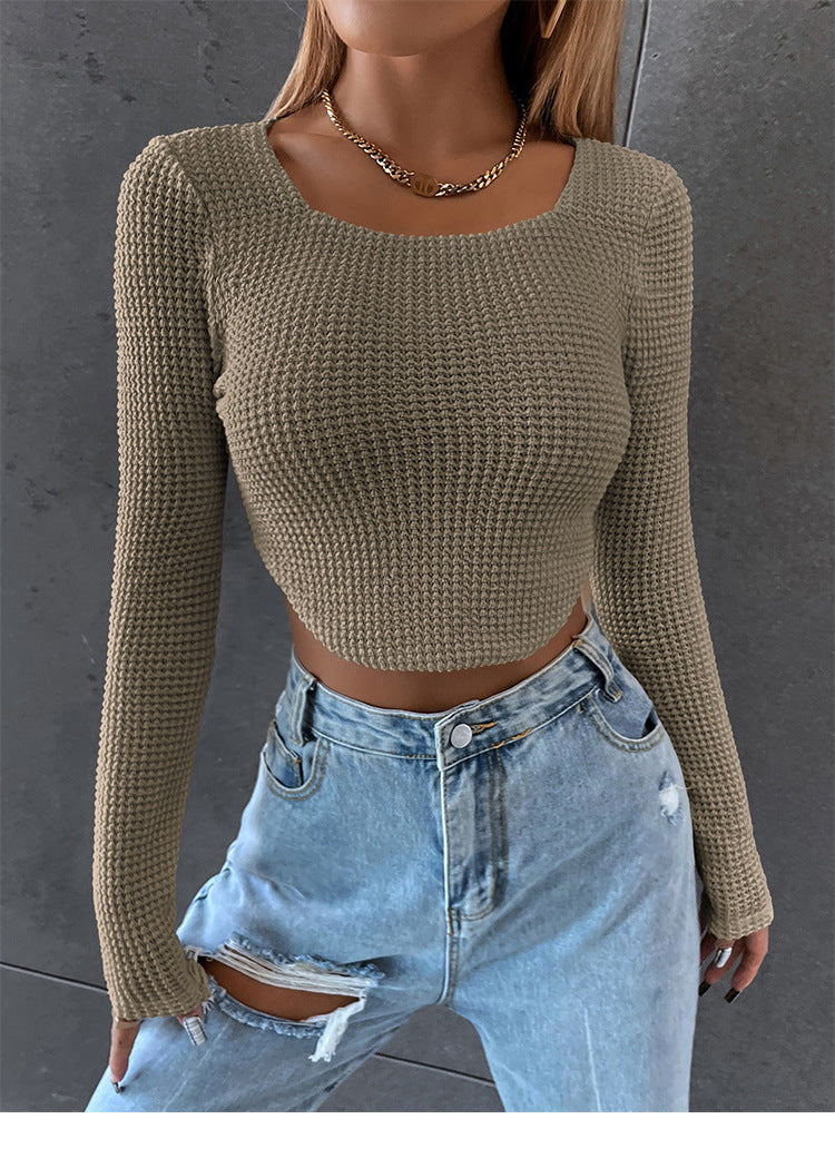 Damen Figurbetontes Cropped‑Waffel‑Stricktop mit U‑Boot‑Ausschnitt Echoarchiv