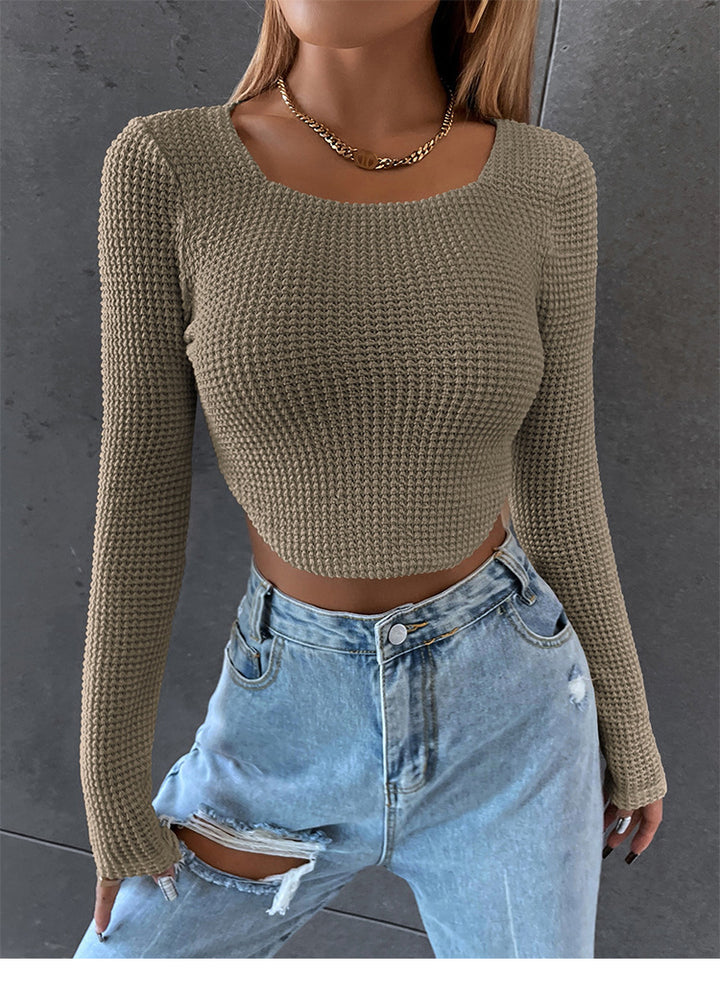 Damen Figurbetontes Cropped‑Waffel‑Stricktop mit U‑Boot‑Ausschnitt Echoarchiv