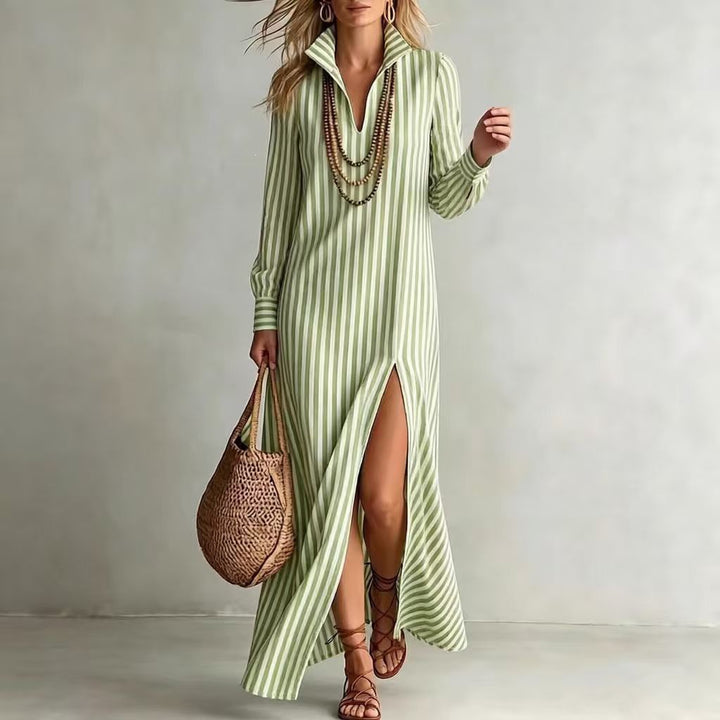 Damen Langes Hemdkleid im Streifen-Look mit Kragen, langen Ärmeln und hohem Beinschlitz Echoarchiv