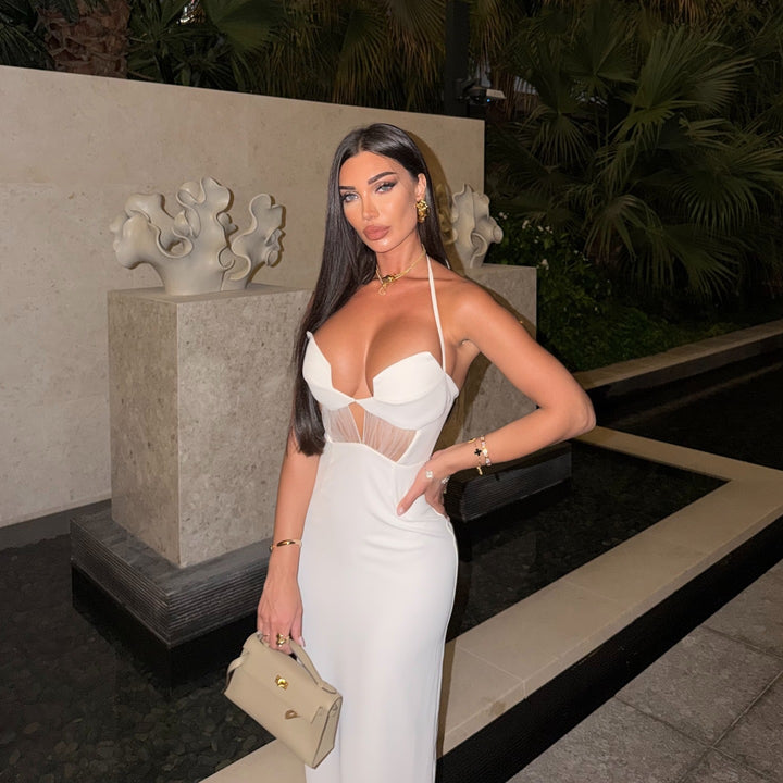 Damen Glamouröses Abendkleid mit tiefem V-Ausschnitt und verführerischen Netzdetails Echo Archiv