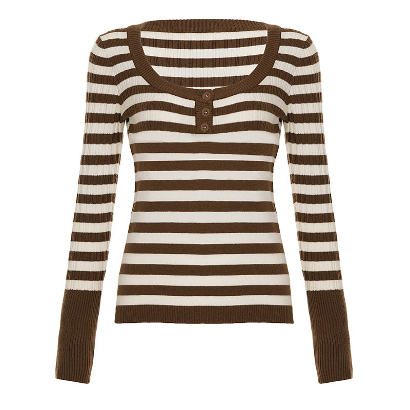 Damen Gestreiftes Ripp-Strickshirt mit U-Boot-Ausschnitt und Zierknopfleiste Echo Archiv