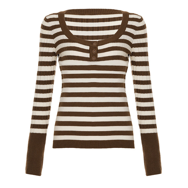 Damen Gestreiftes Ripp-Strickshirt mit U-Boot-Ausschnitt und Zierknopfleiste Echo Archiv