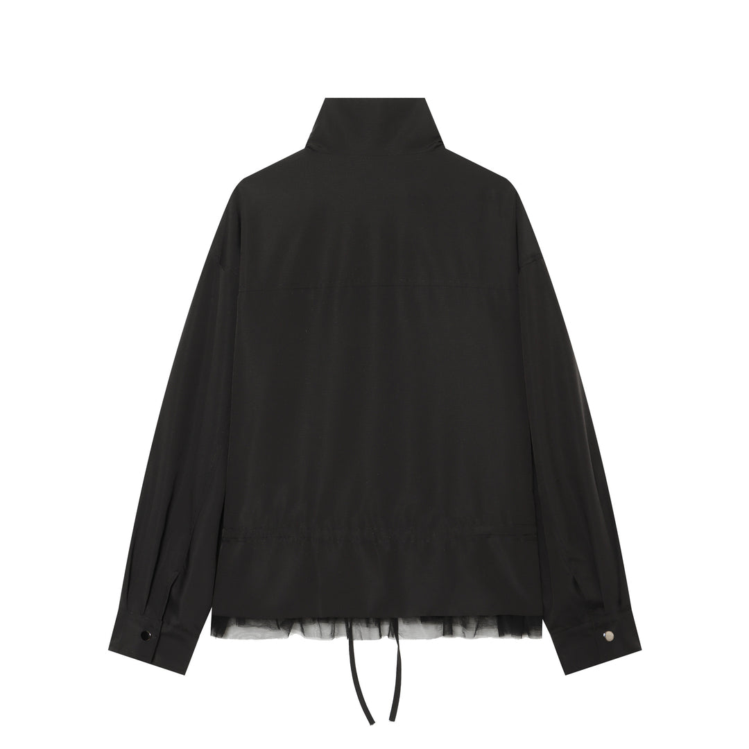 Damen Leichte Cropped Übergangsjacke mit Stehkragen, Tunnelzugtaillierung und Tüllbesatz Echo Archiv