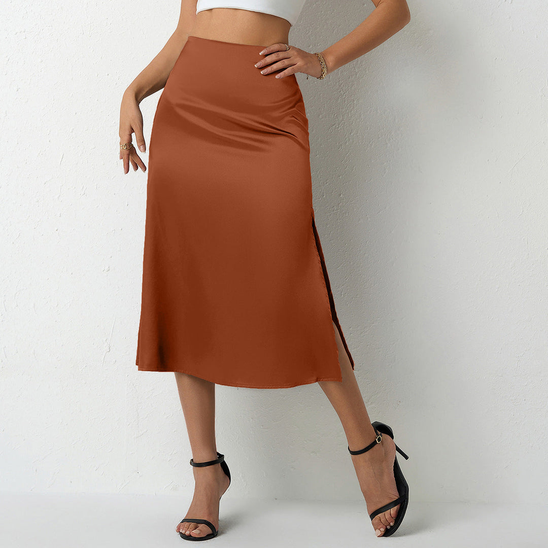 Damen eleganter Satin-Midirock mit fließendem Schnitt und hohem Bund – Rosévia