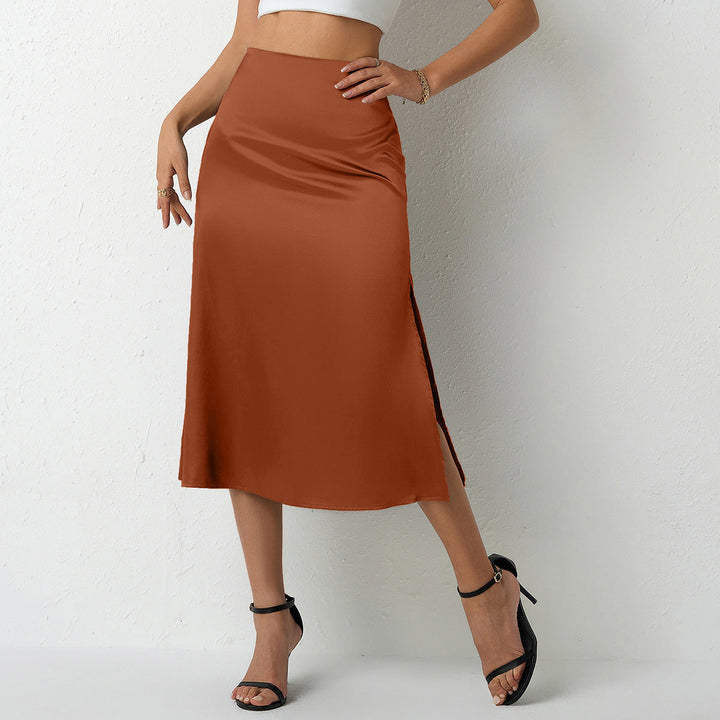Damen eleganter Satin-Midirock mit fließendem Schnitt und hohem Bund – Rosévia