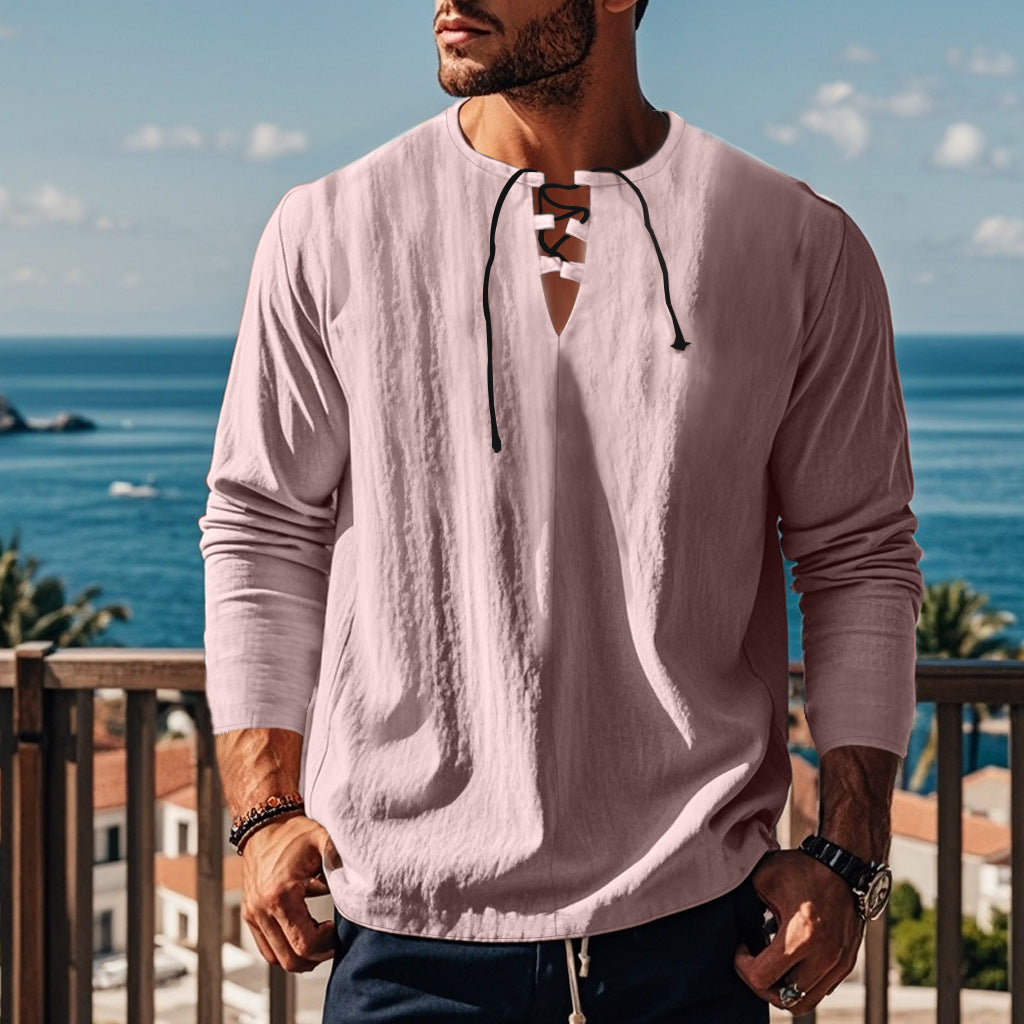 Herren lässiges Langarmshirt mit modischem Schnürdesign und atmungsaktiver Textur Echoarchiv